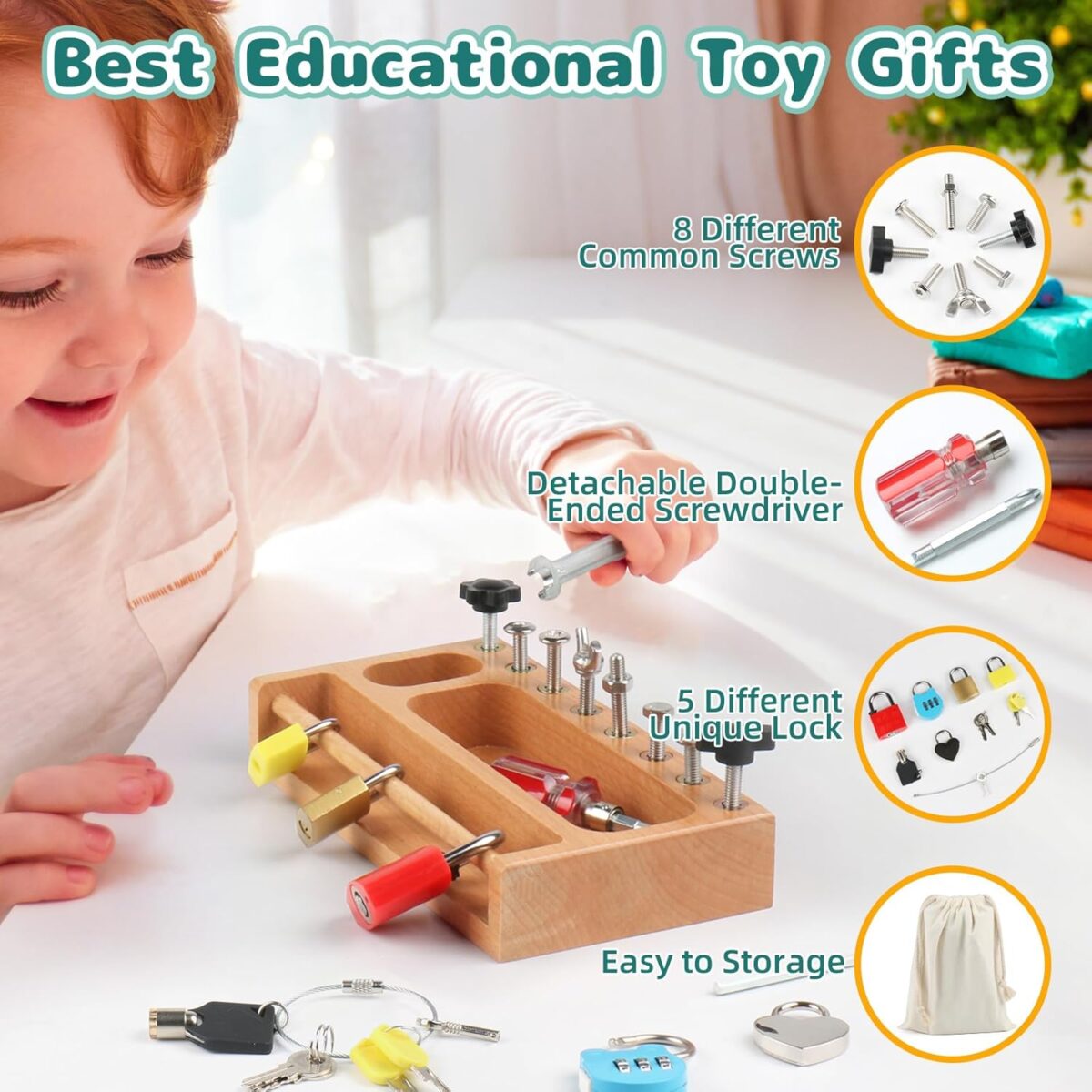 Montessori Screwdriver Board Set Lock and Key Toys Kids Tools Nuts and Bolts Montessori Toys for 3 4 5 Year Old Learning Practical Life Materials Fine Motor Skills Occupational Therapy Games - Image 2