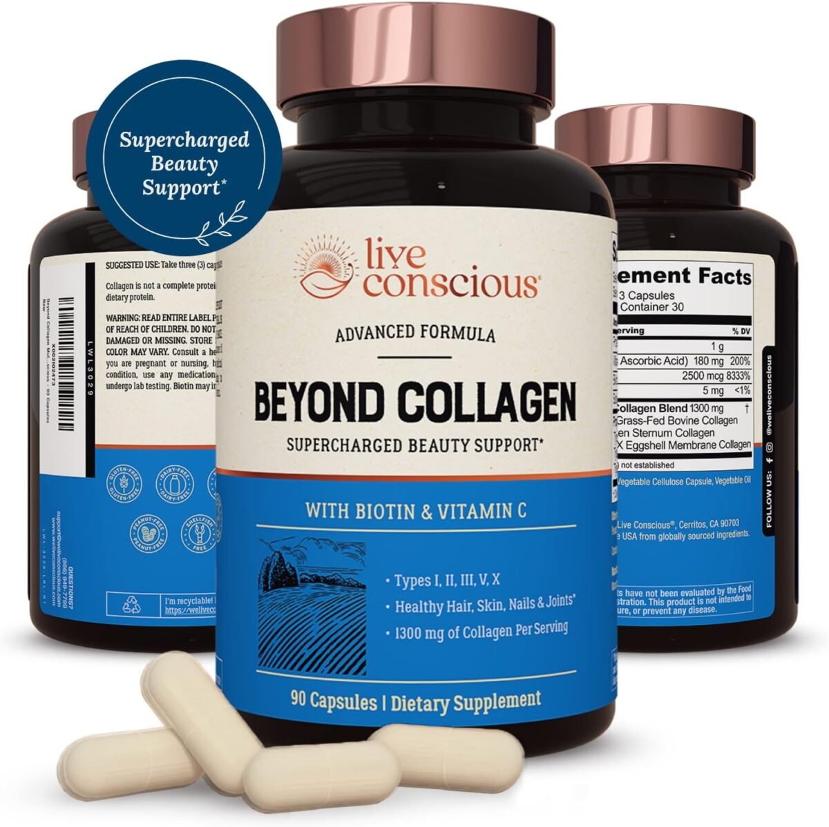 Live Conscious Beyond Collagen Multi Collagen Capsules - Types I, II, III, V & X - Hydrolyzed Blend with Biotin & Vitamin C for Hair, Skin, Nails 90 Capsules - Image 1