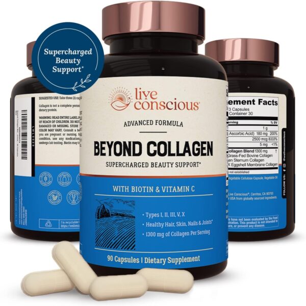 Live Conscious Beyond Collagen Multi Collagen Capsules - Types I, II, III, V & X - Hydrolyzed Blend with Biotin & Vitamin C for Hair, Skin, Nails 90 Capsules