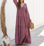 R.Vivimos Maxi Dress for Women Long Sleeve V Neck Empire Waist Layered Ruffle Boho Casual Flowy Long Dresses - Image 2