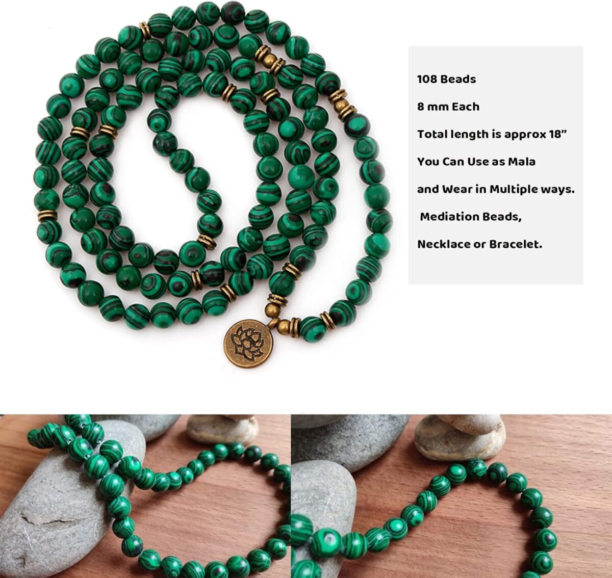 Mala Bead Strand Bracelet, 108 Buddhist Prayer Beads Yoga Meditation Green Malachite Beads Necklace Women man - Image 2