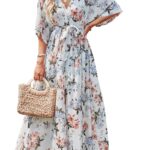 ANRABESS Women’s Summer Loose Boho Flowy Wrap V Neck 3/4 Sleeve Floral Print Slit Beach Wedding Guest Long Maxi Dresses
