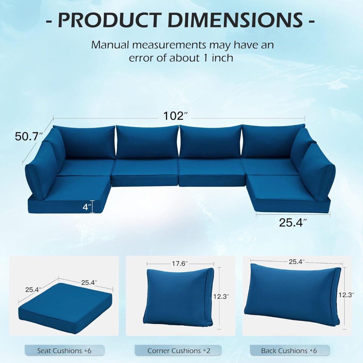 HOMREST Outdoor Replacement Cushions for Patio Furniture,Water-Repellent Sofa Cushion for 6-Seat Rattan Wicker Sectional Patio Conversation Sets,14-Piece Cushions Set for Outdoor Couch-Blue - Image 3