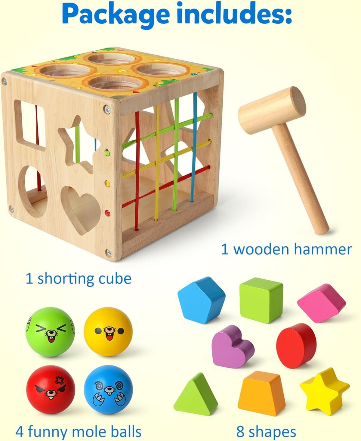 Coogam Wooden Montessori Toys for Toddlers, Shape Sorting Cube Whack Mole Fine Motor Skills Game for Year Old 18 Month+ Baby Boys Girls Gift - Image 6