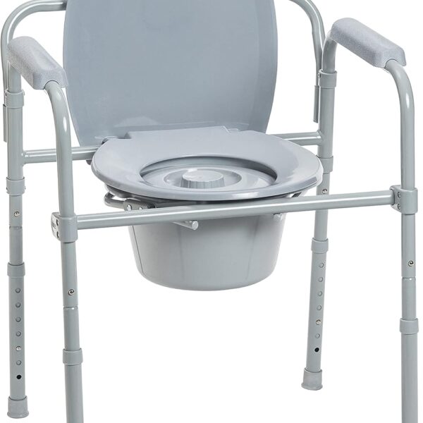 Drive Medical RTL11158KDR Folding Steel Bedside Commode Chair, Portable Toilet, 350 Pound Weight Capacity with 7.5 Qt. Bucket, Grey
