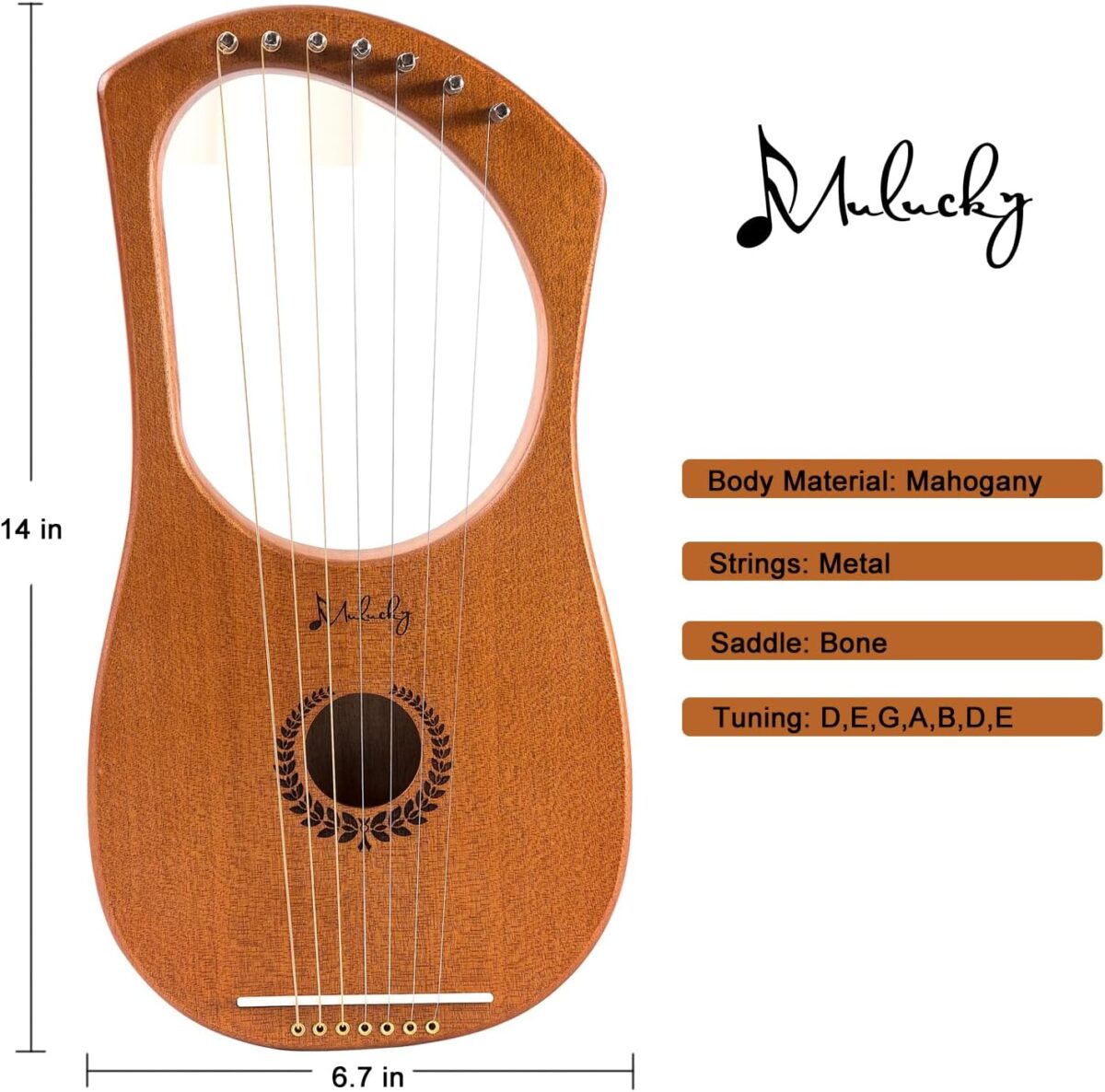 Lyre Harp Mulucky 7 Metal Lyre Steel String Bone Saddle Mahogany Lyre Instrument with Tuning Wrench and Black Gig Bag - MLH701 - Image 6