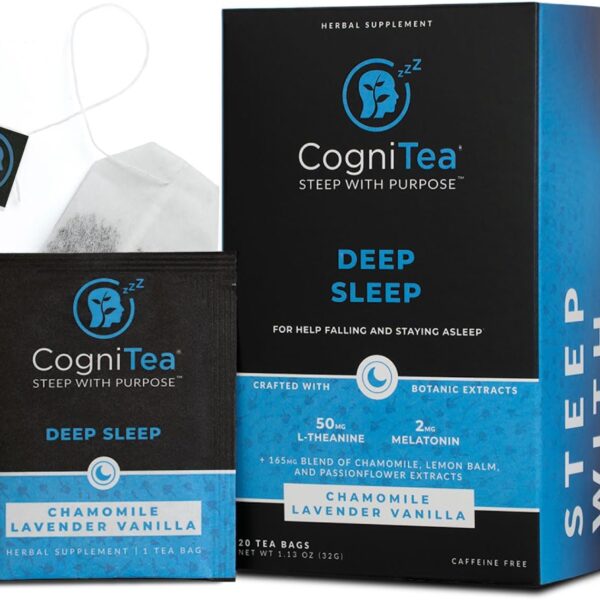CogniTea Deep Sleep Tea 2mg Melatonin Tea & and 50mg L-Theanine for Deep Sleep with Valerian, Chamomile, Lemon Balm and Passion flower Extra Strength Sleepy Tea for Night Time Rest and Relaxation