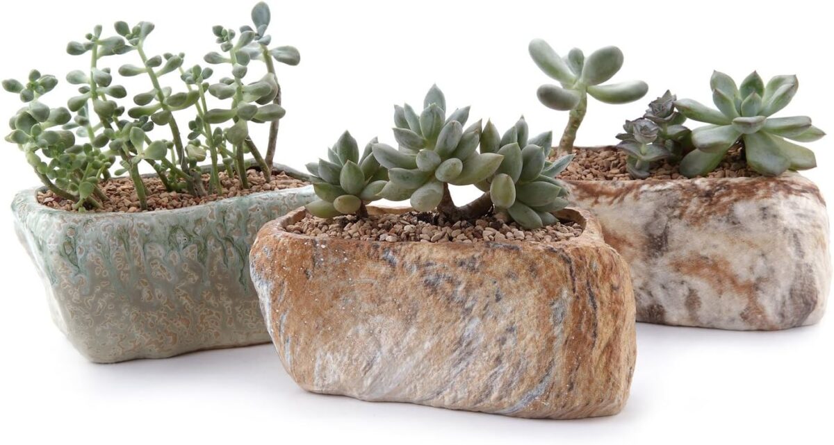 T4U 5.5 Inch Ceramic Succulent Pot Planter with Drainage Hole Set of 3, Stone Shape Rectangle Window Box Cactus Plant Containers Gift for Mom Sister Best for Home Office Table Desk Decoration - Image 1