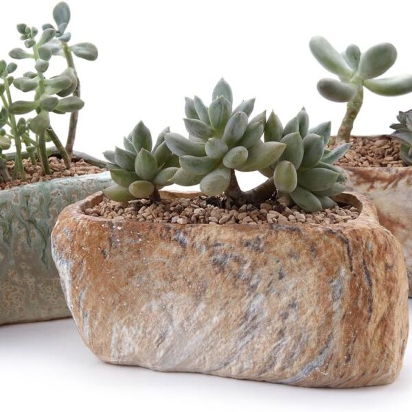 T4U 5.5 Inch Ceramic Succulent Pot Planter with Drainage Hole Set of 3, Stone Shape Rectangle Window Box Cactus Plant Containers Gift for Mom Sister Best for Home Office Table Desk Decoration