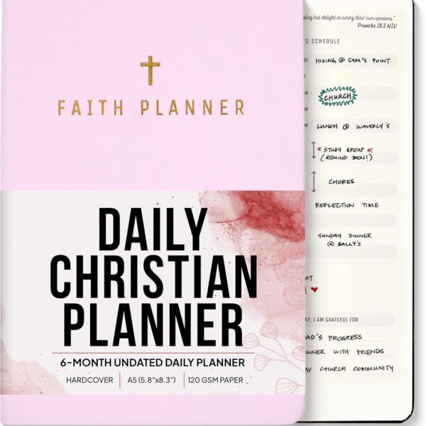 Faith Planner 6 Month Undated 2025 Christian Planner, Prayer Journal & Gratitude Journal | A5 Pink Leather Planner with Monthly, Weekly & Daily Scheduling & Bible Verses