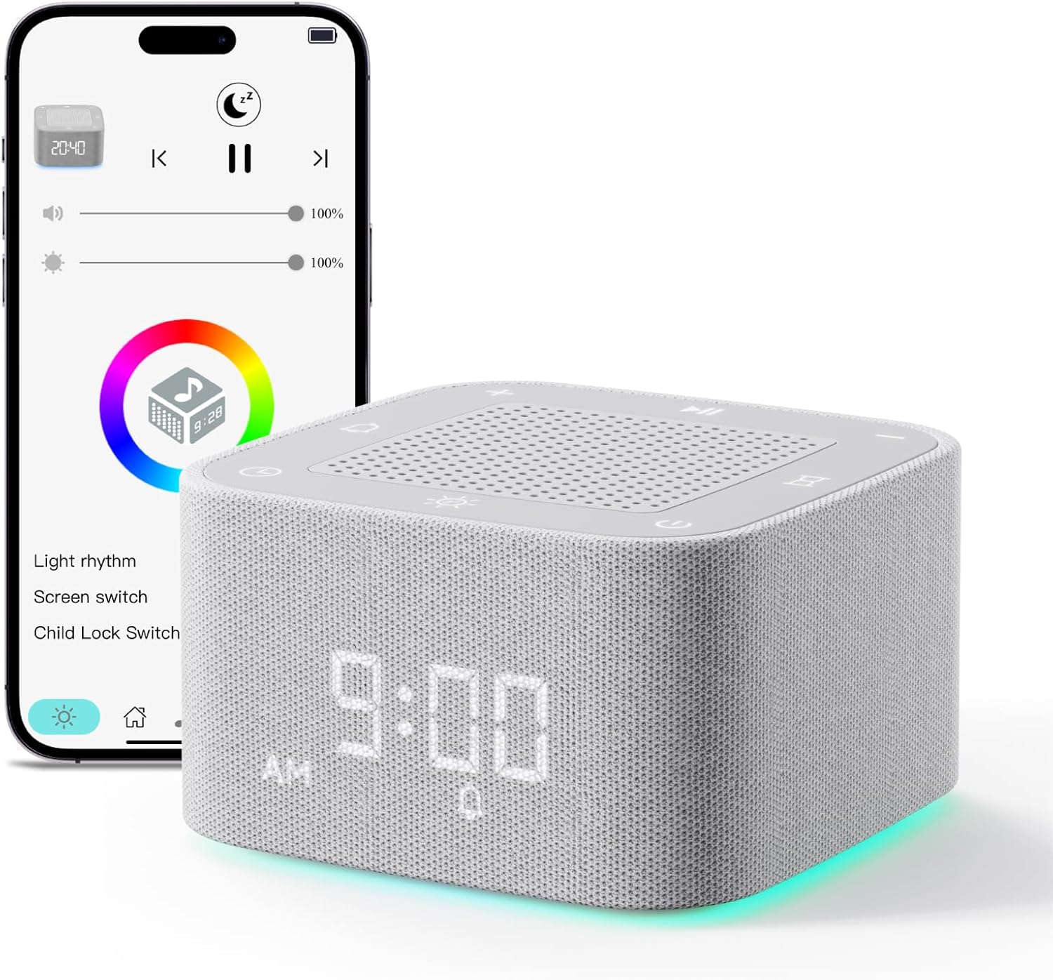 71PvHpRujhL._AC_SL1500_.jpg Sound Machine Alarm Clock, 32 Soothing Sounds, Night Lights Bluetooth Speaker, App Control White Noise Machine with Dimmable Clock, Noise Machine for Baby, Kids, Teens, Adult, Best Birthday Gift Ideas - Image 1