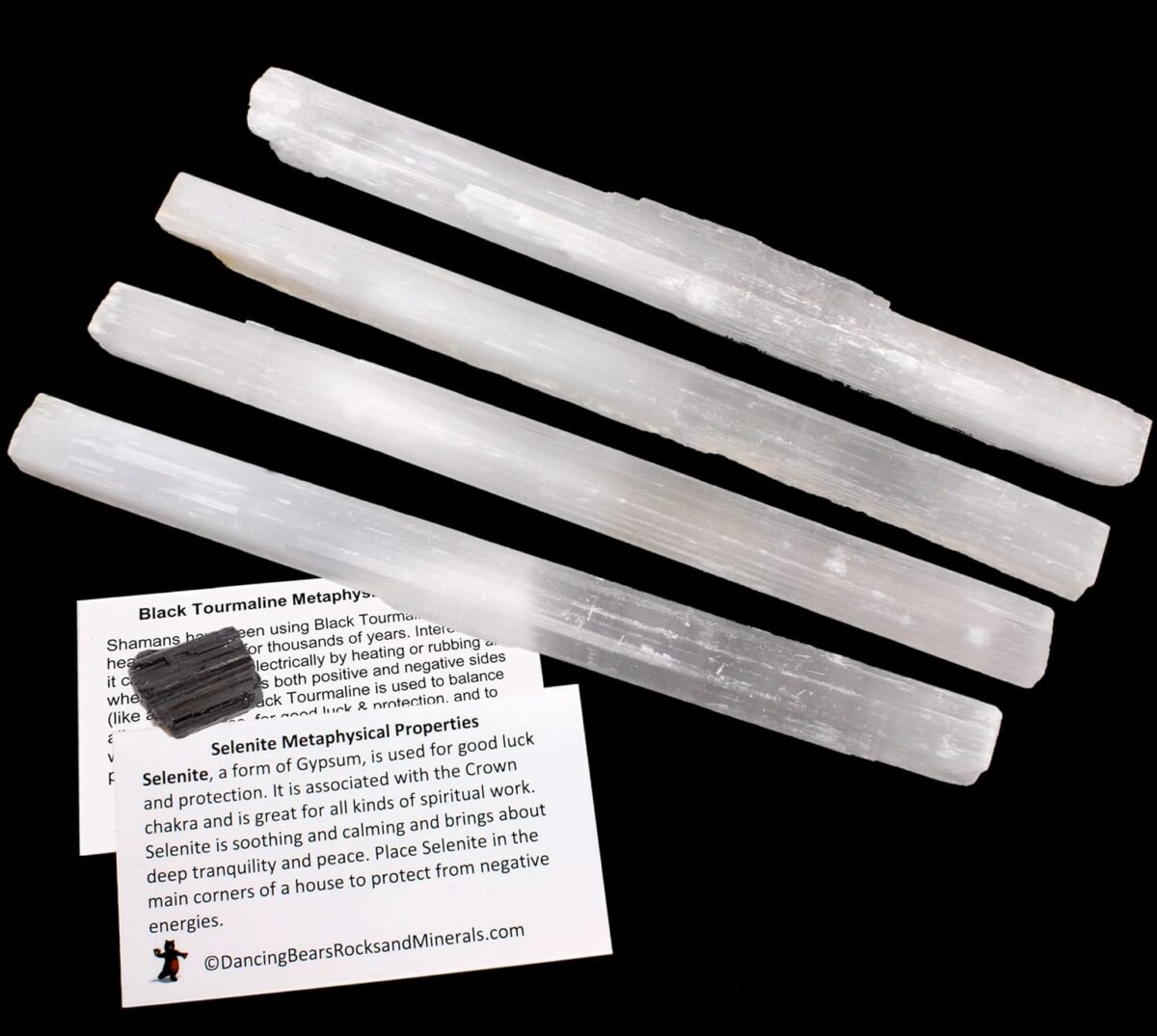 Selenite (4) Large Sticks, Approx. 6-8" Long Wands Plus Black Tourmaline Crystal and Educational ID Cards, Bulk, Reiki, Chakra, Healing, Good Luck, and Protection - Image 1