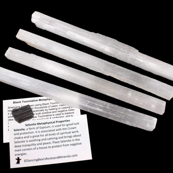 Selenite (4) Large Sticks, Approx. 6-8" Long Wands Plus Black Tourmaline Crystal and Educational ID Cards, Bulk, Reiki, Chakra, Healing, Good Luck, and Protection