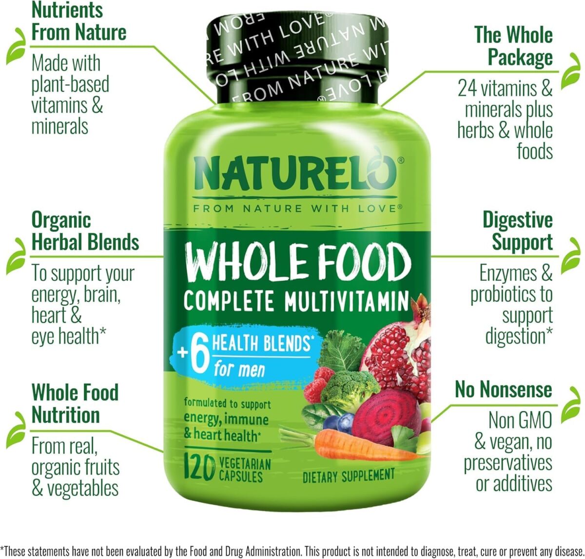 NATURELO Mens Multivitamins - Whole Food Multivitamin for Men with Vitamins, Minerals - 120 Vegetarian Capsules for Energy, Brain, Heart, Eye Health - Image 5