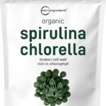 Organic Chlorella Spirulina Tablets, 3000mg Per Serving, 720 Counts, 4 Months Supply, 50/50 Blend Superfood, No Filler, No Additives, Cracked Cell Wall, Rich in Vegan Protein & Chlorophyll