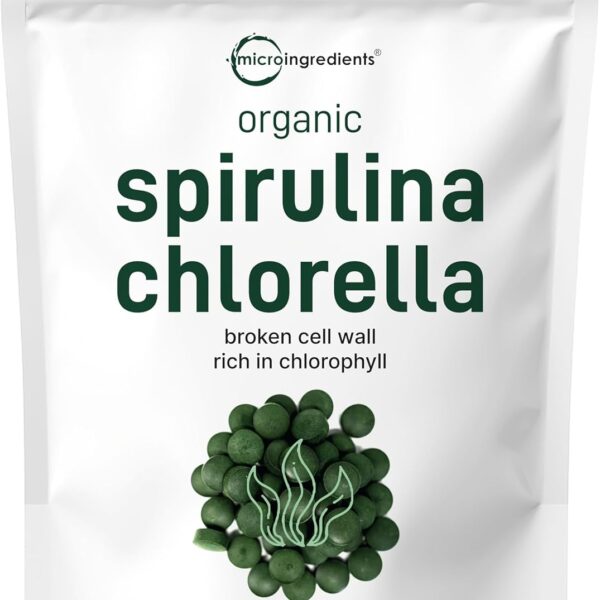 Organic Chlorella Spirulina Tablets, 3000mg Per Serving, 720 Counts, 4 Months Supply, 50/50 Blend Superfood, No Filler, No Additives, Cracked Cell Wall, Rich in Vegan Protein & Chlorophyll