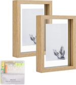 MUYE 5x7 Floating Frame Set of 2,Double Glass Rustic Photo Frame for Wall Hanging or Tabletop Standing,Also Display 4x6 or 3x5 Photo for Floating Effect,Natural