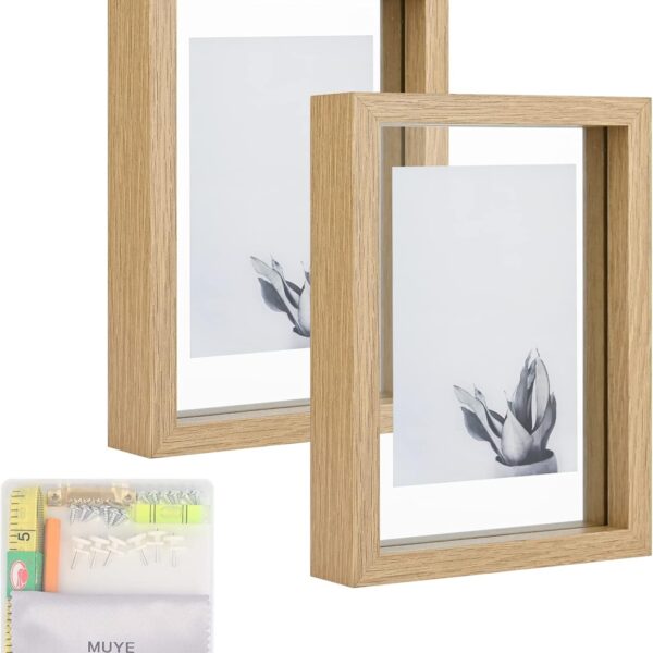 MUYE 5x7 Floating Frame Set of 2,Double Glass Rustic Photo Frame for Wall Hanging or Tabletop Standing,Also Display 4x6 or 3x5 Photo for Floating Effect,Natural