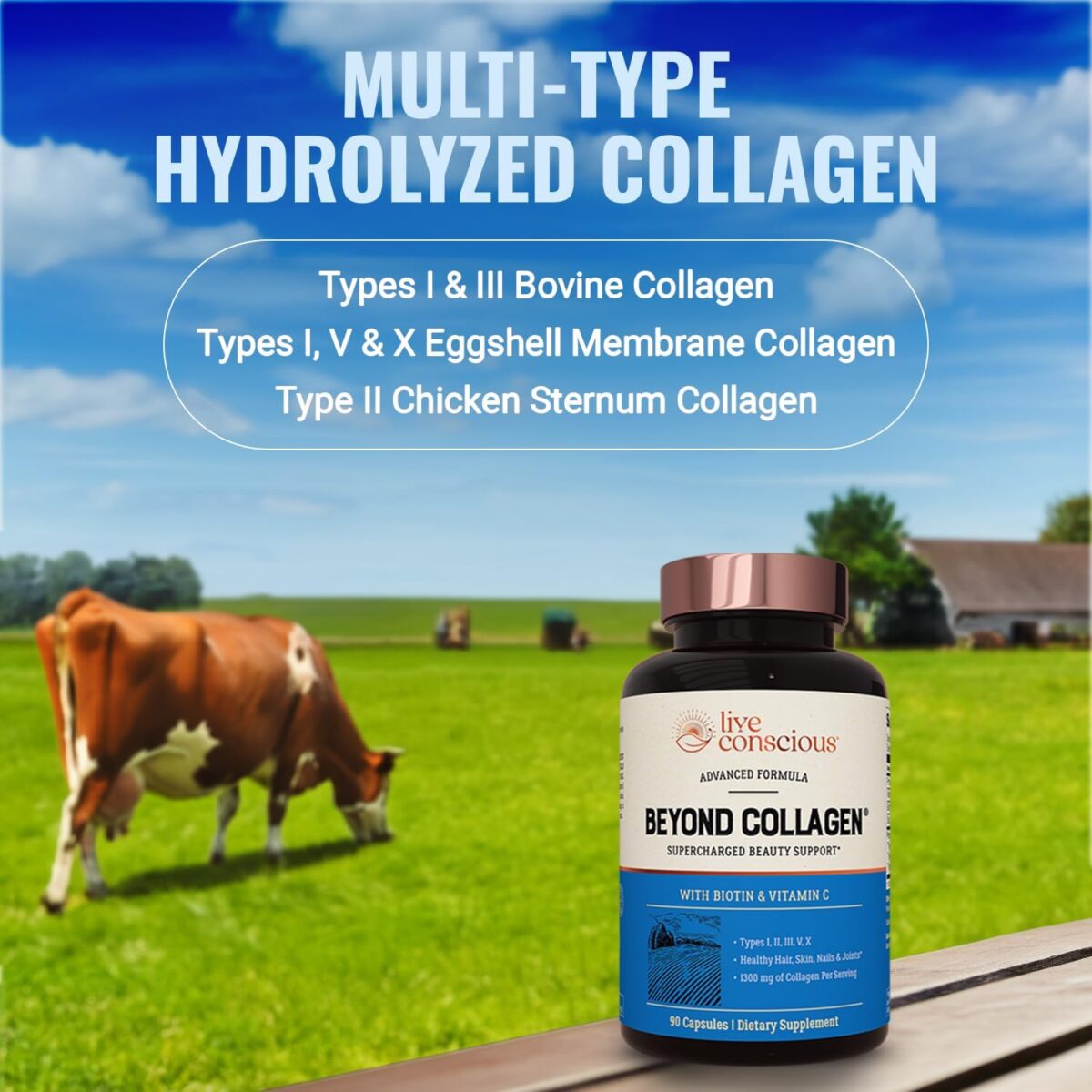 Live Conscious Beyond Collagen Multi Collagen Capsules - Types I, II, III, V & X - Hydrolyzed Blend with Biotin & Vitamin C for Hair, Skin, Nails 90 Capsules - Image 2