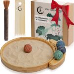 Japanese Zen Garden Kit for Desk - Premium Sand Garden - Mini Zen Décor Office Desktop Accessories - Bamboo Crafted Meditation Therapy Tray - Gift Set - 4 Stamp Spheres Natural Rake Custom Holder