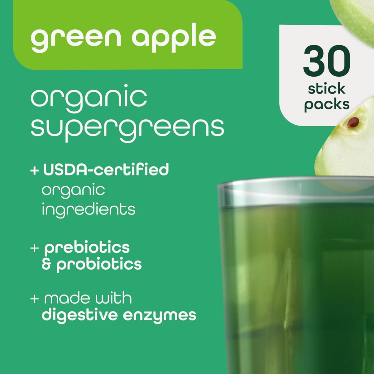 Zena Nutrition Organic Supergreens On-The-Go Powder, 70+ Superfoods, 0 Sugar, 3G Fiber, Spirulina, Chlorella, Antioxidants, Prebiotics/Probiotics, Digestive Enzymes, Green Apple, 30 Drink Mix Packets - Image 2