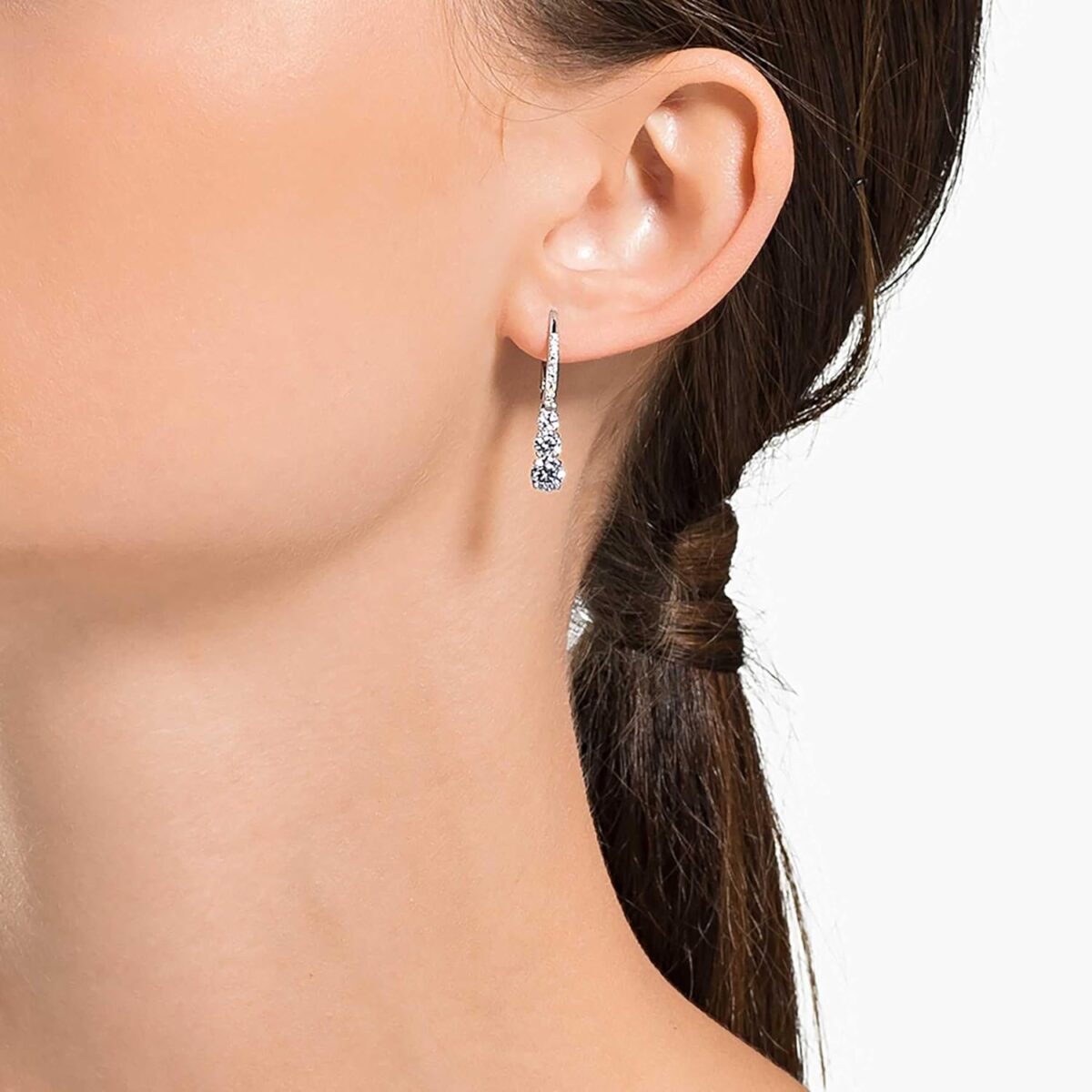 Swarovski Stilla Attract Trilogy Drop Pierced Earrings with White Crystals on a Rhodium Plated Setting with Hinged Closure - Image 5