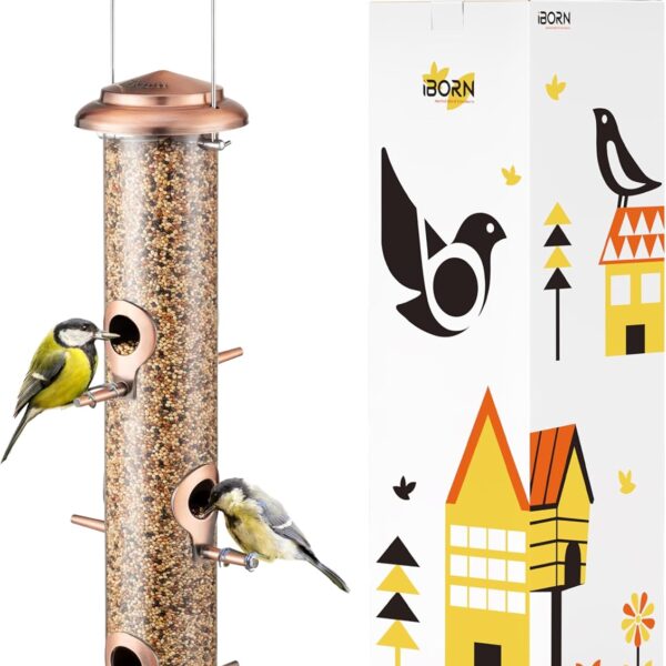 iBorn Metal Bird Feeders Brushed Copper Wild Bird Feeder for Outdoors Hanging All Metal Brushed Copper Finishing 14 Inch 6 Port(Seed is not Included)