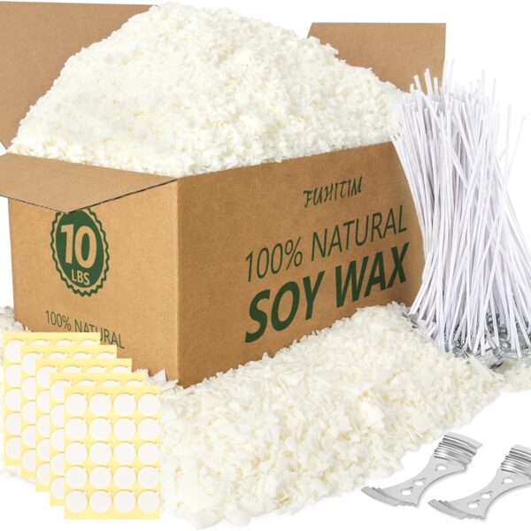 Soy Candle Wax for Candle Making 10 lbs Bag, Premium Natural Soy Wax Flakes, No additives and Pure, 100 Cotton Candle Wicks, 100 Wick Stickers, & 2 Centering Devices