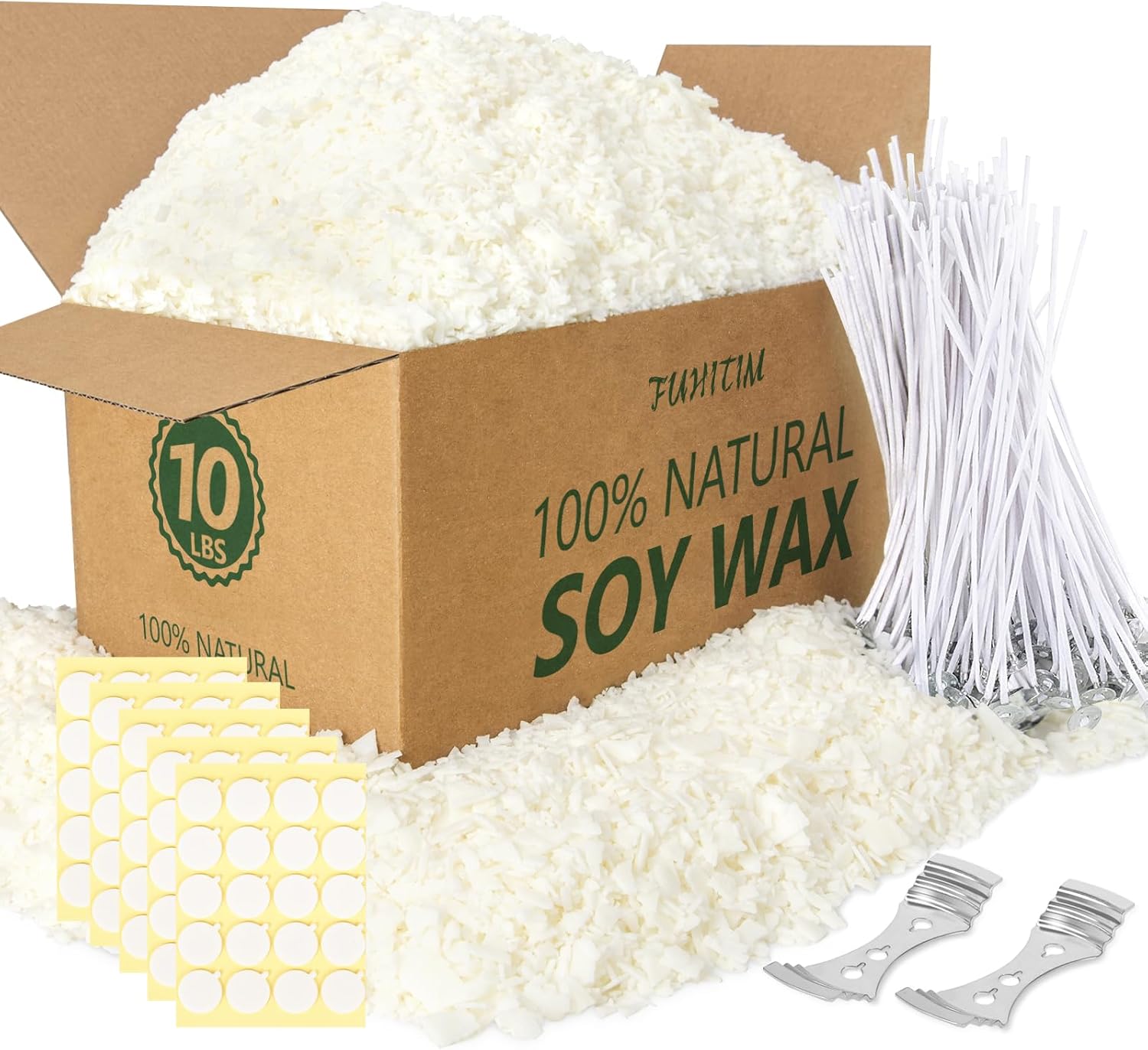 71SeRetu0nL._AC_SL1500_.jpg Soy Candle Wax for Candle Making 10 lbs Bag, Premium Natural Soy Wax Flakes, No additives and Pure, 100 Cotton Candle Wicks, 100 Wick Stickers, & 2 Centering Devices - Image 1