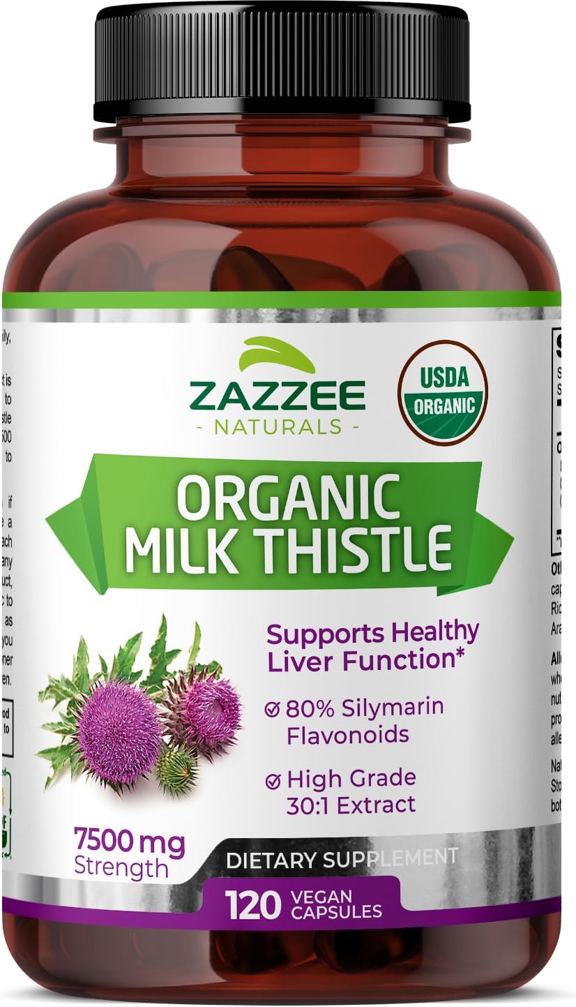 71Sx6fiuo5L._AC_SL1444_.jpg Zazzee USDA Organic Milk Thistle 30:1 Extract, 7500 mg Strength, 120 Vegan Capsules, 80% Silymarin Flavonoids, Standardized and Concentrated 30X Extract, 100% Vegetarian, All-Natural and Non-GMO - Image 1