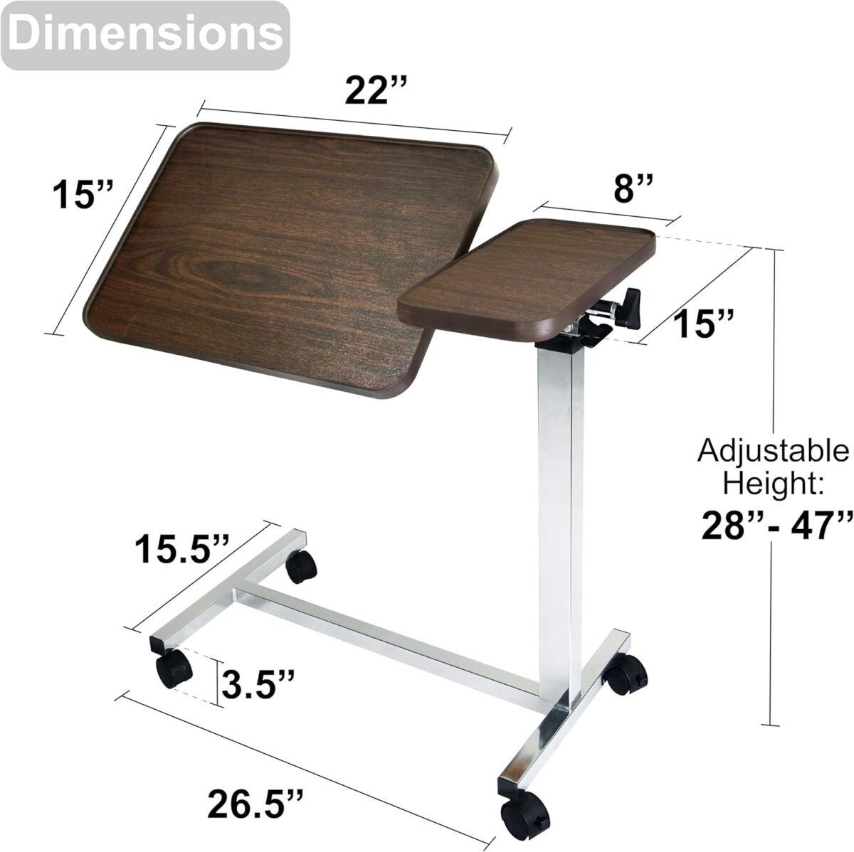 Vaunn Medical Adjustable Tilt Overbed Bedside Table with Wheels for Hospital and Home Use - Image 2