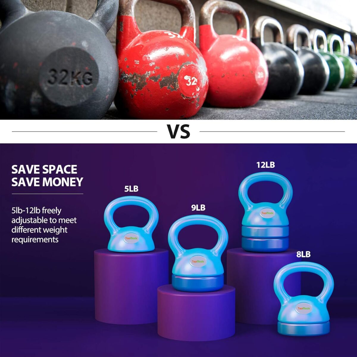 TopMade Adjustable Kettlebell Weights Set Cast Iron Exercise Fitness Kettle Ball Grip 5, 8, 9,12lb Free Weight Men Women Kettlebells for Home Gym Workout Ballistic, Core,Strength Training - Image 2