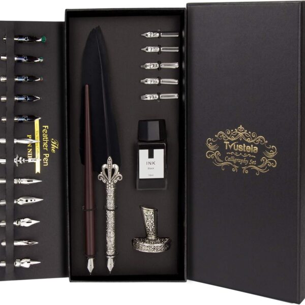 Calligraphy Set for Beginners, Wooden Dip Pen, Feather Quill, 19 Nibs, Ink Set, Gift Box