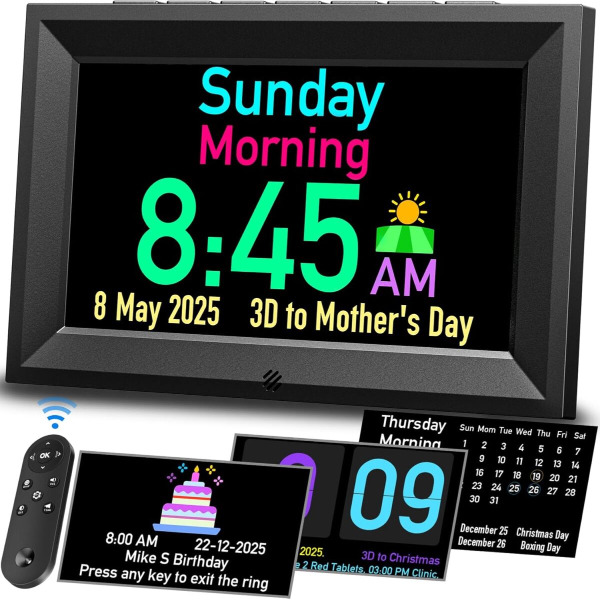 GOLOZA 7'' Digital Calendar Clock, Talking Clock with 10 Volumes, 6 Display with 10 Color Modes, Auto Dimmable, Alarms & Birthday & Holiday Reminders, 3 Pill Reminders Clocks for Kids Adults Seniors - Image 1