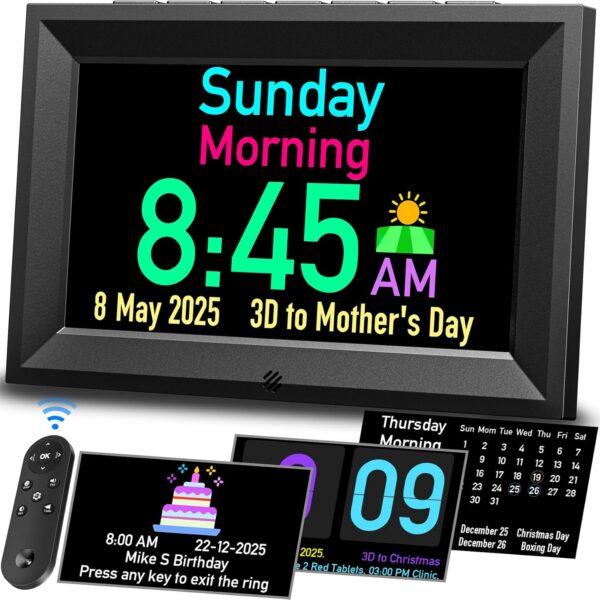 GOLOZA 7'' Digital Calendar Clock, Talking Clock with 10 Volumes, 6 Display with 10 Color Modes, Auto Dimmable, Alarms & Birthday & Holiday Reminders, 3 Pill Reminders Clocks for Kids Adults Seniors