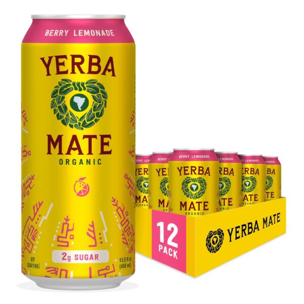 Guayakí Yerba Mate, Organic Energy Drink Alternative, Berry Lemonade, Low Sugar, 150mg Natural Caffeine, Better for You Energy & Focus, No Jitters or Crash, 15.5 Oz (Pack of 12) (Packaging May Vary)