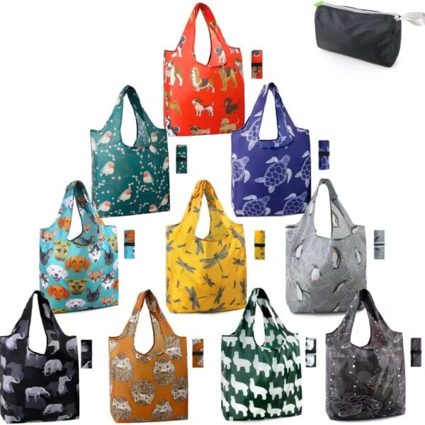 BeeGreen Gifts for Animal Lovers Women Animal Reusable Shopping Bags Grocery Totes 10 Pack with Zipper Carry Pouch Cute Shopper Bags XLarge Machine Washable Durable Bags