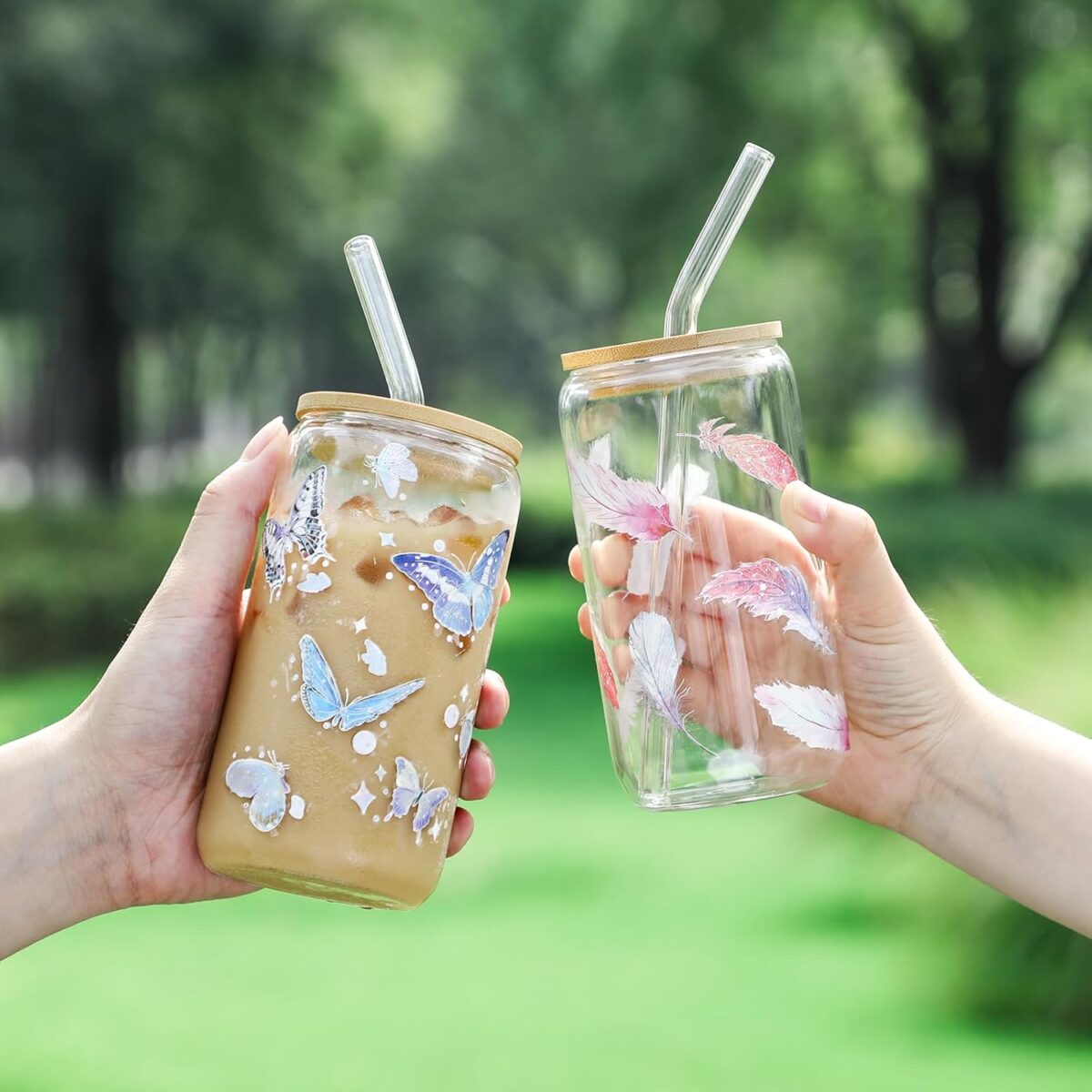 NETANY 2 Pack Glass Cups with Bamboo Lids and Straws 16 oz, Gifts for Women, Drinking glasses set, Iced Coffee Cup, Tea Cup, Cute Aesthetics Tumbler Cup, Mothers Day, Birthday Gifts for Her Mom - Image 2