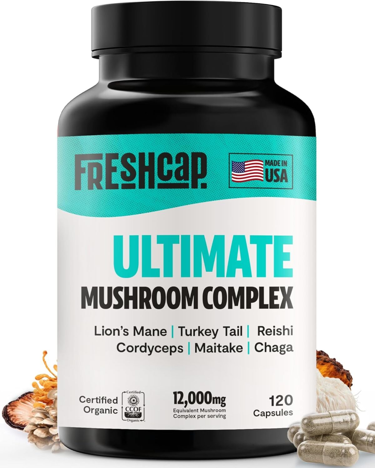 FreshCap Ultimate Mushroom Supplement 12,000mg - Mushroom Complex Capsules, Organic Mushrooms Supplement, Nootropic Brain Supplements for Memory and Focus Ayurveda (120 Capsules) - Image 1