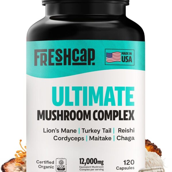 FreshCap Ultimate Mushroom Supplement 12,000mg - Mushroom Complex Capsules, Organic Mushrooms Supplement, Nootropic Brain Supplements for Memory and Focus Ayurveda (120 Capsules)