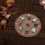 INFUNLY Moonphase Crystal Grid Wood Board 9.84×9.84inch Flower of Life Sacred Geometry Wooden Board Mandala Crystal Tray Lotus Grey Crystal Holder Tray Round Solid Coaster for Jewelry Rock Home Decor - Image 5