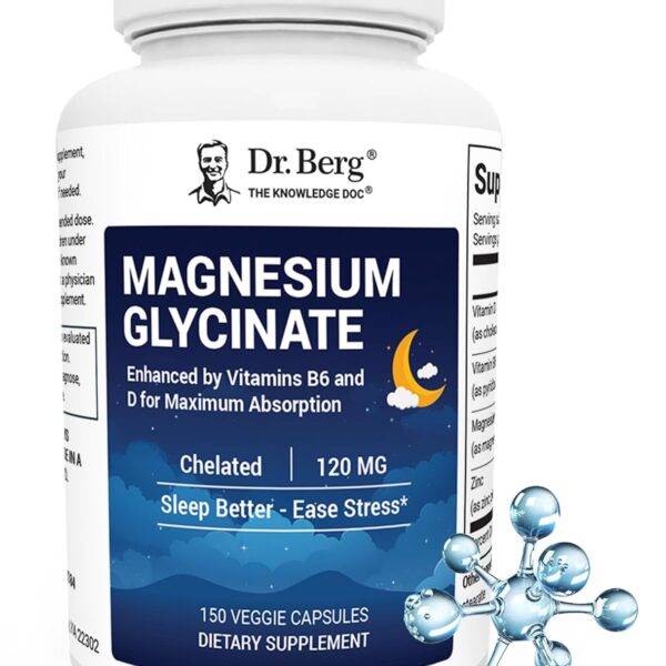 Dr. Berg Magnesium Glycinate with Vitamin D, B6 & Zinc for Stress Relief, Calm, Relaxation, & Good Sleep* - 120 mg Per Magnesium Bisglycinate Capsule - Chelated Magnesium Glycinate - 150 Caps