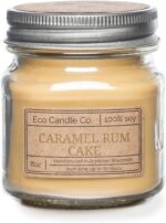 Eco Candle Co. Mason Jar Candle, Caramel Rum Cake, 8 oz. - Scents of Caramel, Rum, Maple, Almond, Pear, & Vanilla - 100% Soy Wax, No Lead, Kraft Label & Antiqued Pewter Lid, Hand Made