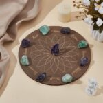 INFUNLY Moonphase Crystal Grid Wood Board 9.84×9.84inch Flower of Life Sacred Geometry Wooden Board Mandala Crystal Tray Lotus Grey Crystal Holder Tray Round Solid Coaster for Jewelry Rock Home Decor - Image 4