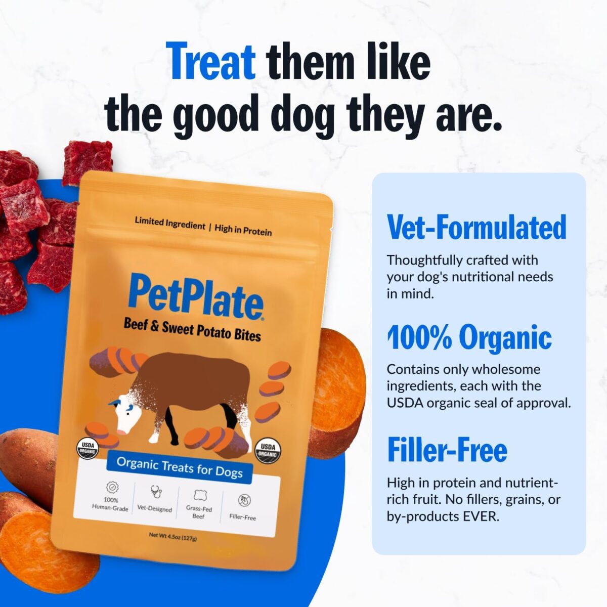 PetPlate Beef and Sweet Potato Bites, Human Grade Dog Treats, All Life Stages, Grain-Free, Organic and Real Ingredients, High Protein, Healthy Snacks (Pack of 1, 4.5 Ounce) - Image 4