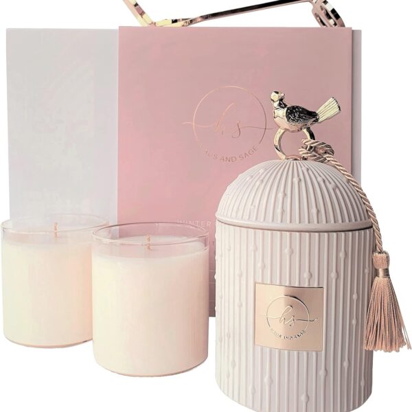 Scented Candles for Home Luxury Candle Gift Set - Candle Holder + 2 x 8.5oz Soy Candle Refills + Wick Trimmer - 115 Hour Burn - Birthday Gifts for Women - Centerpiece Decorations - 4 pcs
