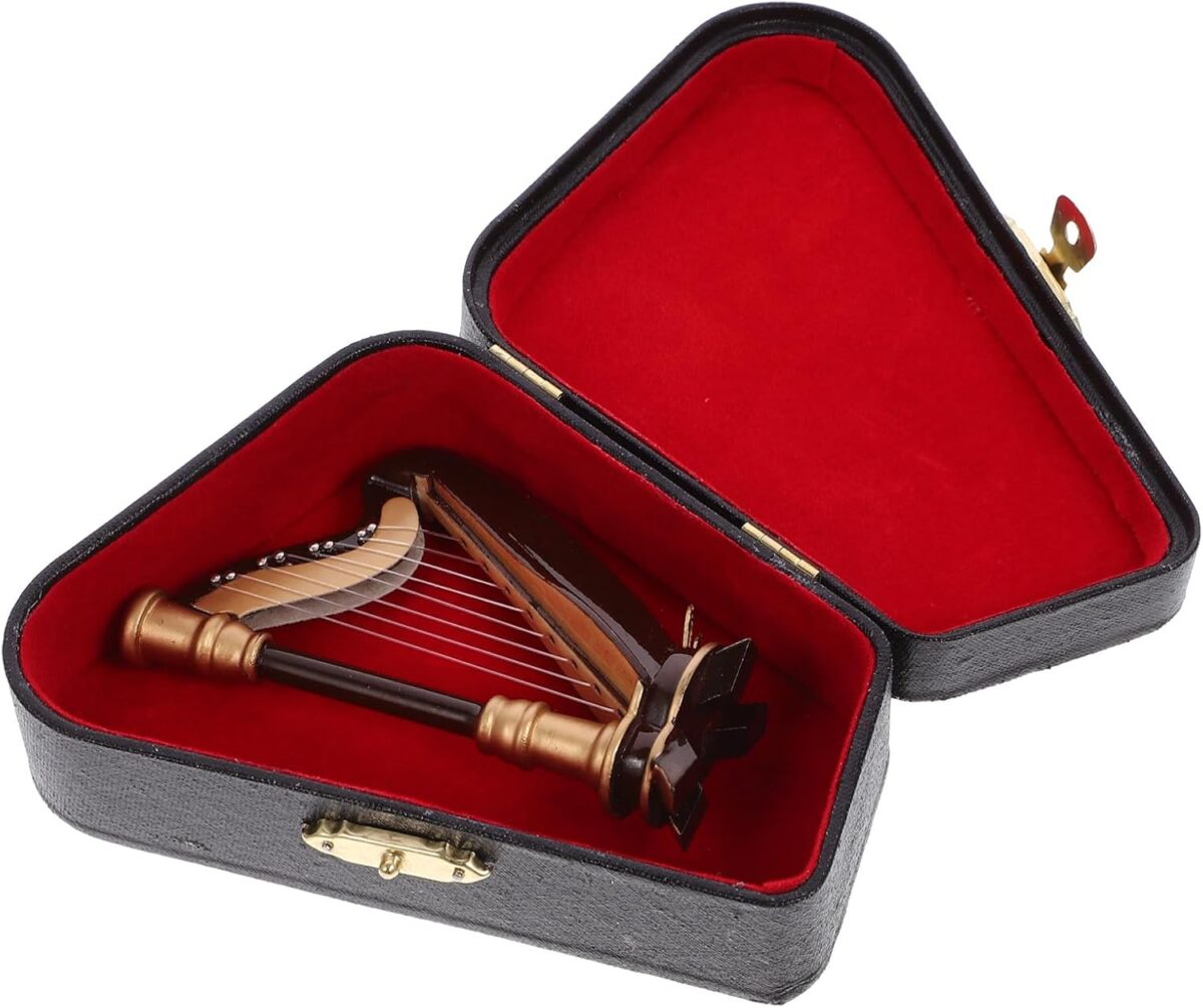 Wooden Mini Harp Model Ornament, 9CM Hand-Made Wooden Harp for Home Office Musical Instrument Decoration with Case - Image 5