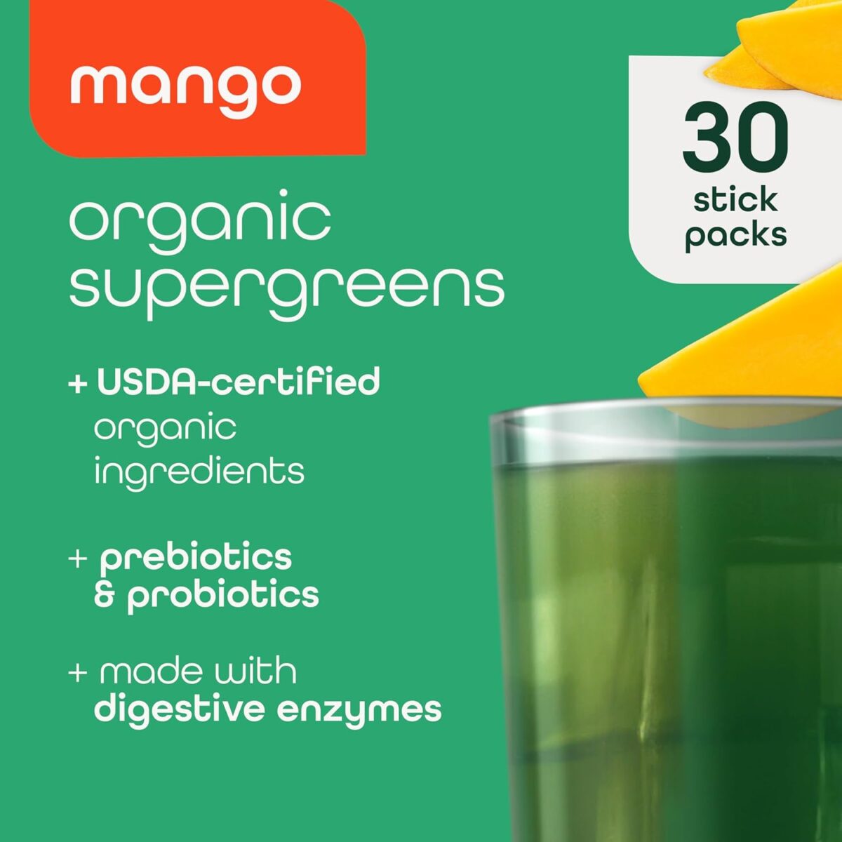 Zena Nutrition Organic Supergreens On-The-Go Powder, 70+ Superfoods, 0 Sugar, 3G Fiber, Spirulina, Chlorella, Antioxidants, Prebiotics/Probiotics, Digestive Enzymes, Mango, 30 Drink Mix Packets - Image 2