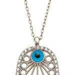 Sterling Silver Hamsa Evil Eye Necklace, Blue Cubic Zirconia Crystal Pendant, 925 Rhodium Plated