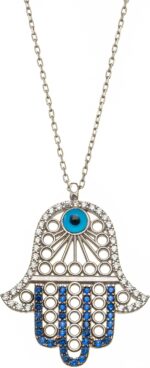 Sterling Silver Hamsa Evil Eye Necklace, Blue Cubic Zirconia Crystal Pendant, 925 Rhodium Plated